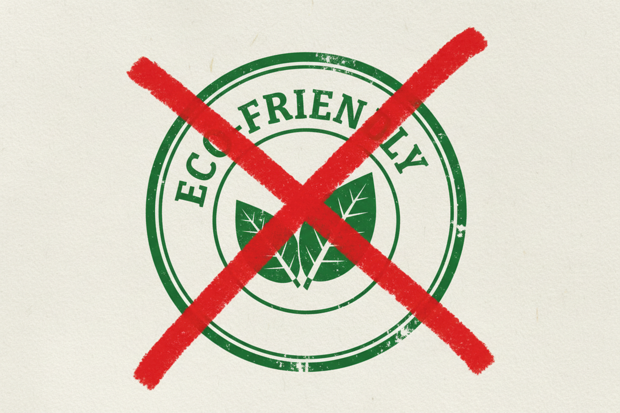 a green "eco-friendly" stamp which has been crossed out with a red pen