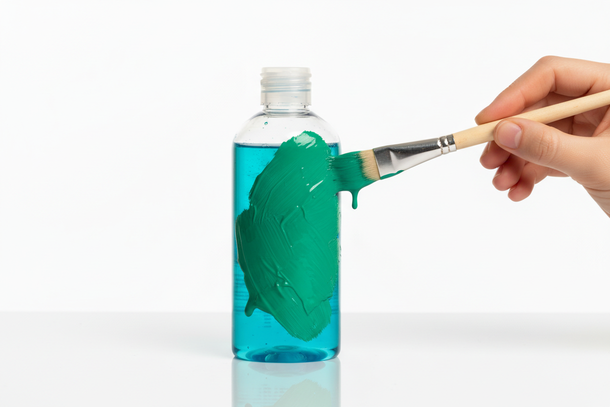 a plastic cosmetic bottle with a coloured liquid inside. the bottle is being painted green
