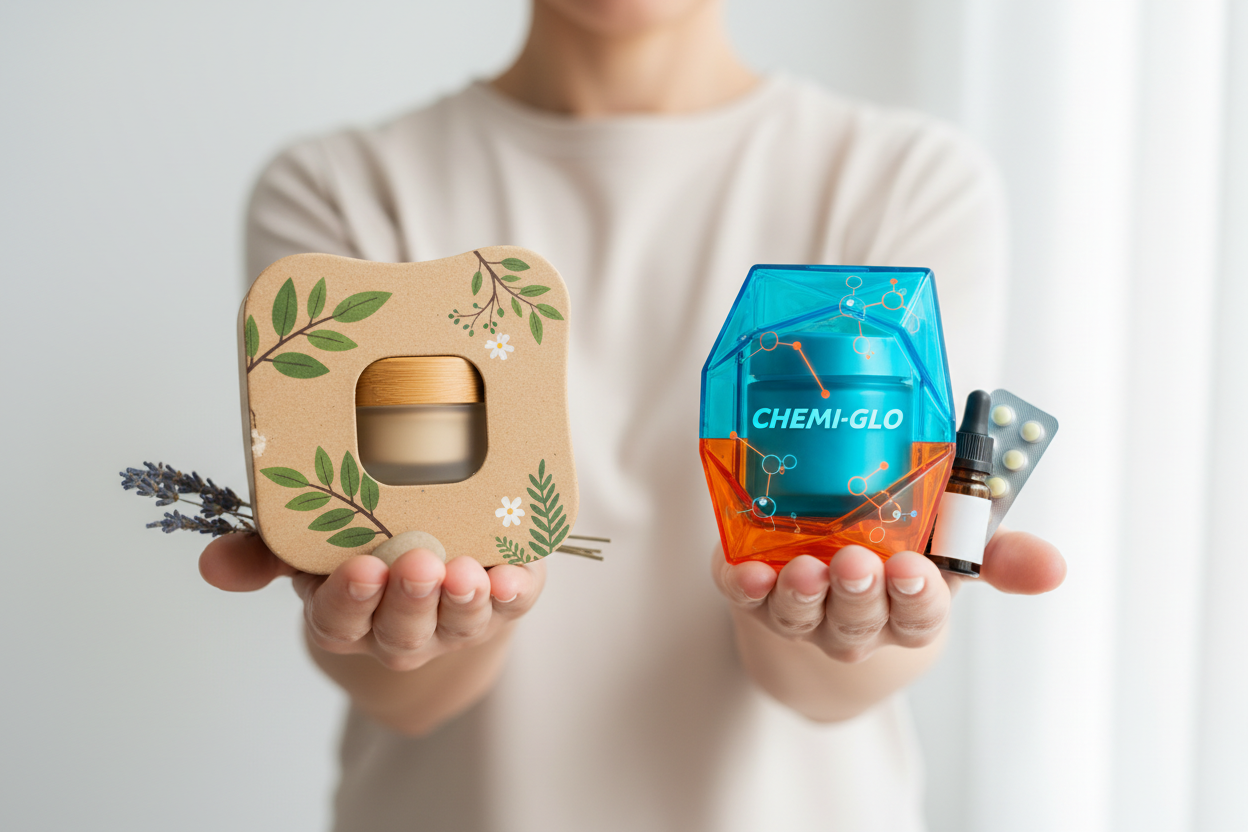 two open hands: one holding a natural looking cosmetic product and the other holding a cosmetic product that is not natural. the person is weighing the two products up. can't see their face